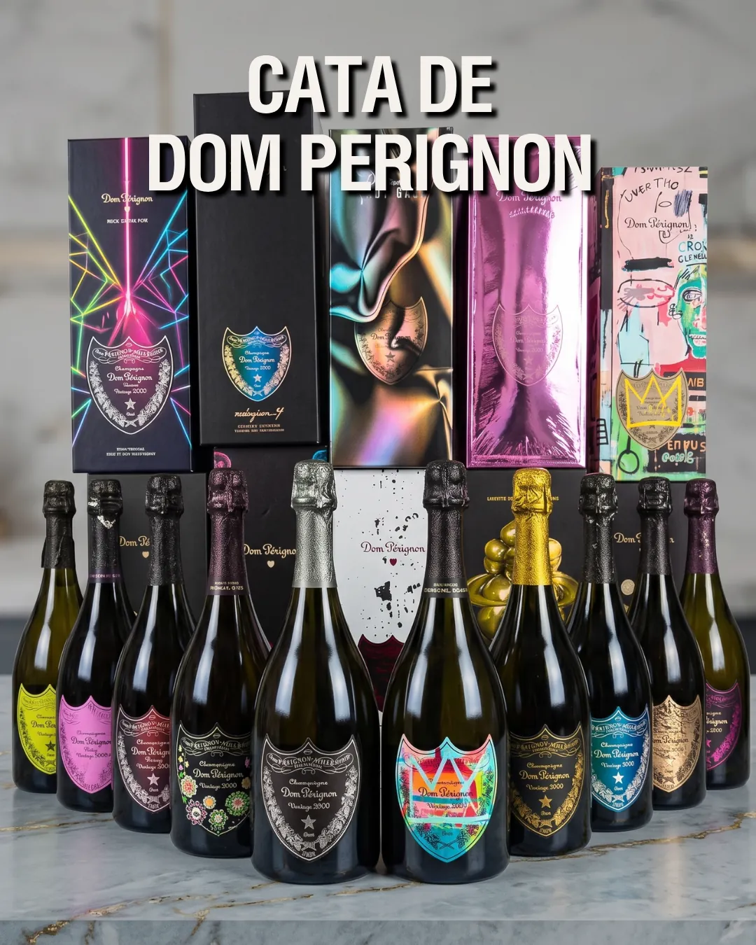 Impresionante despliegue simétrico de botellas y estuches de edición limitada de Dom Pérignon en una cata vertical